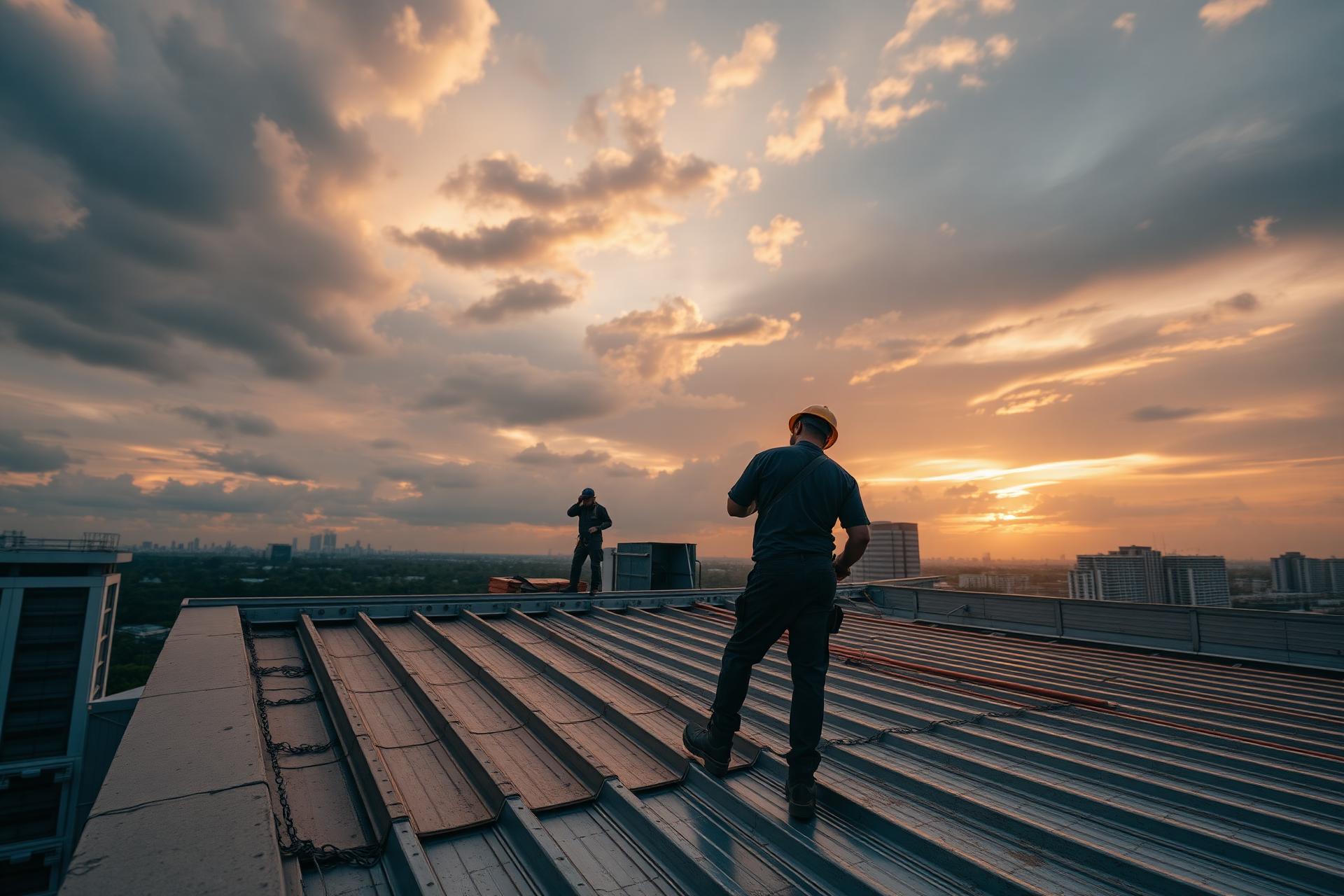 Roofers installing metal panels at sunset over Singapore